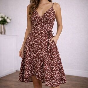 Brown Floral Wrap Midi Dress - Women's Summer Dress